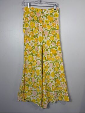 Faithfull The Brand Floral Wide Leg Pants Yellow Pink Rayon Size 8